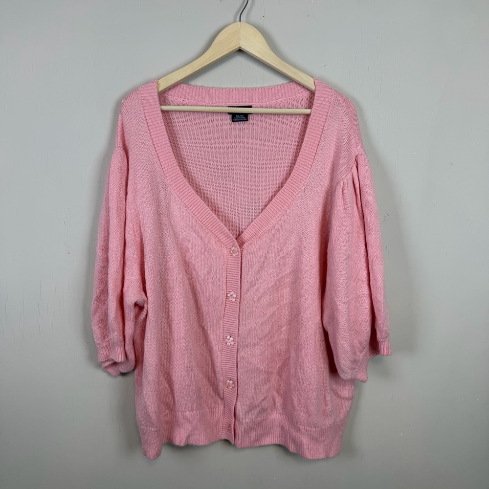 City Chic Sweater XXL 24 Pink Knit Cardigan Cottagecore Short Sleeve Buttons